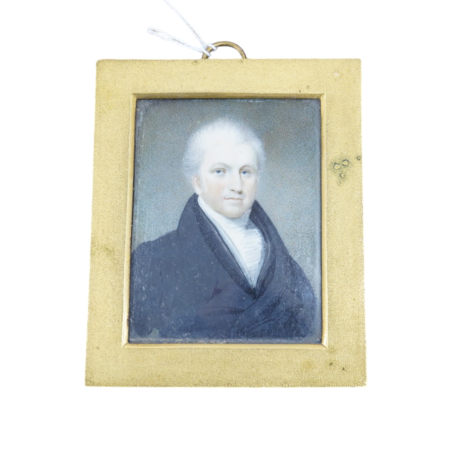 Thomas Hargreaves RBA (1774-1847), oil on ivory, Portrait miniature of a gentleman wearing a frock coat, Ernest Salaman inscribed collection label verso, 7.5 x 6cm. CITES Submission reference EUZ29QZ9. Condition - poor t